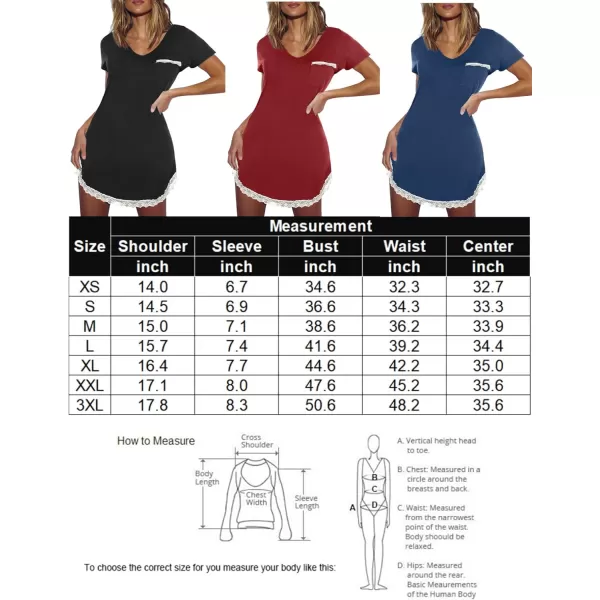 Ekouaer Nightgowns for Women Sexy Sleepshirts V Neck Short Sleeve Sleepwear Lace Trim Soft Short Night Shirts XS3XLAblack