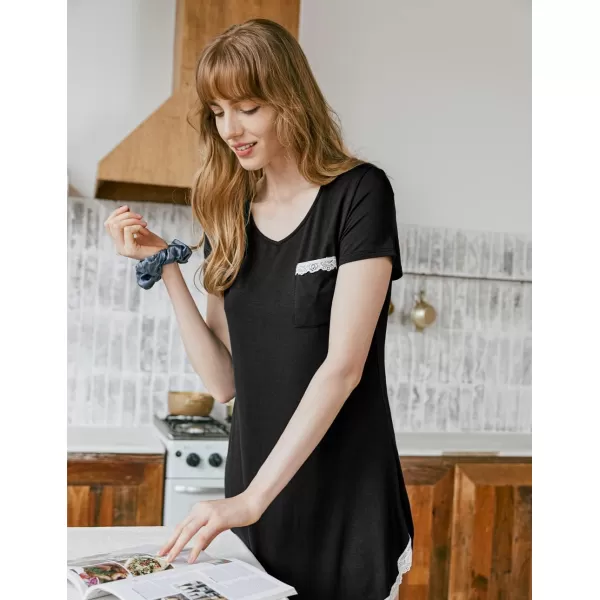 Ekouaer Nightgowns for Women Sexy Sleepshirts V Neck Short Sleeve Sleepwear Lace Trim Soft Short Night Shirts XS3XLAblack