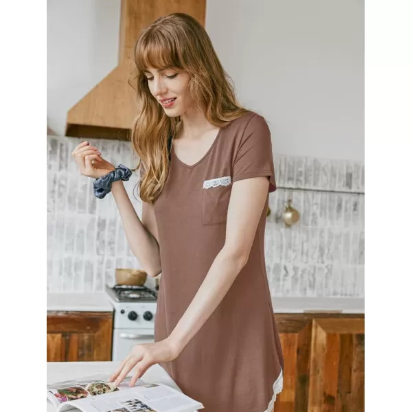 Ekouaer Nightgowns for Women Sexy Sleepshirts V Neck Short Sleeve Sleepwear Lace Trim Soft Short Night Shirts XS3XLAbrown