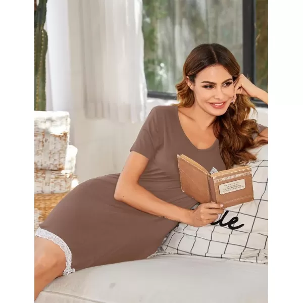 Ekouaer Nightgowns for Women Sexy Sleepshirts V Neck Short Sleeve Sleepwear Lace Trim Soft Short Night Shirts XS3XLAbrown