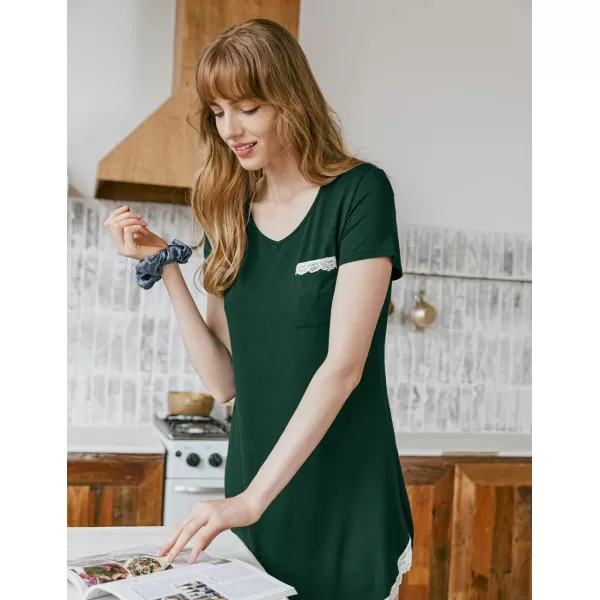 Ekouaer Nightgowns for Women Sexy Sleepshirts V Neck Short Sleeve Sleepwear Lace Trim Soft Short Night Shirts XS3XLAdark Green