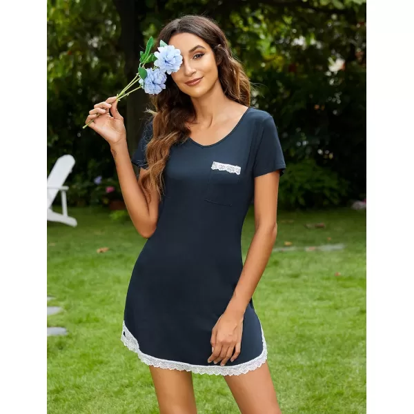 Ekouaer Nightgowns for Women Sexy Sleepshirts V Neck Short Sleeve Sleepwear Lace Trim Soft Short Night Shirts XS3XLAnavy Blue