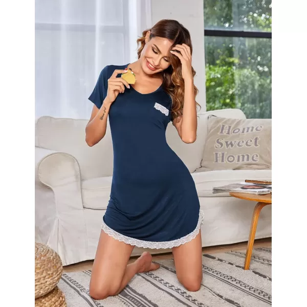 Ekouaer Nightgowns for Women Sexy Sleepshirts V Neck Short Sleeve Sleepwear Lace Trim Soft Short Night Shirts XS3XLAnew Blue