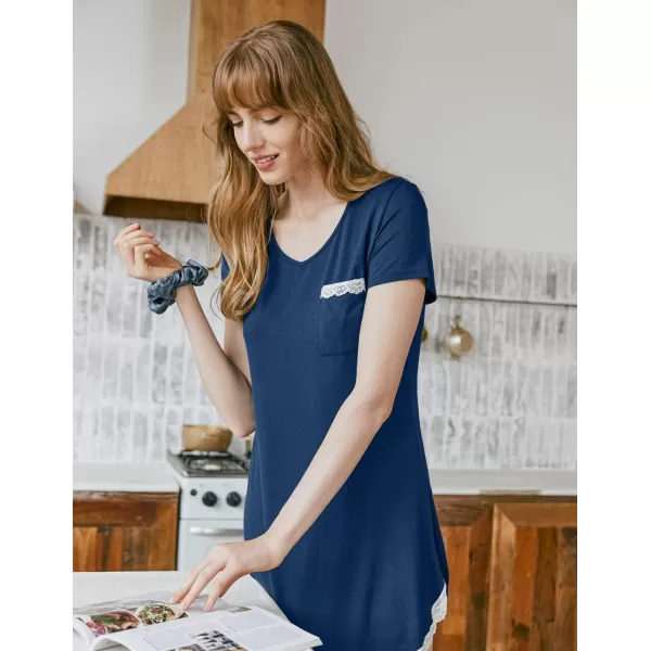 Ekouaer Nightgowns for Women Sexy Sleepshirts V Neck Short Sleeve Sleepwear Lace Trim Soft Short Night Shirts XS3XLAnew Blue