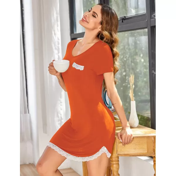 Ekouaer Nightgowns for Women Sexy Sleepshirts V Neck Short Sleeve Sleepwear Lace Trim Soft Short Night Shirts XS3XLAorange