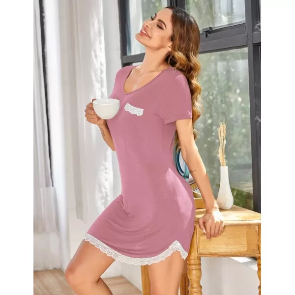 Ekouaer Nightgowns for Women Sexy Sleepshirts V Neck Short Sleeve Sleepwear Lace Trim Soft Short Night Shirts XS3XLArt