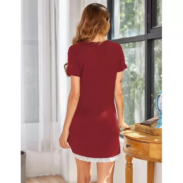 Ekouaer Nightgowns for Women Sexy Sleepshirts V Neck Short Sleeve Sleepwear Lace Trim Soft Short Night Shirts XS3XLAwine Red