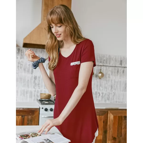 Ekouaer Nightgowns for Women Sexy Sleepshirts V Neck Short Sleeve Sleepwear Lace Trim Soft Short Night Shirts XS3XLAwine Red