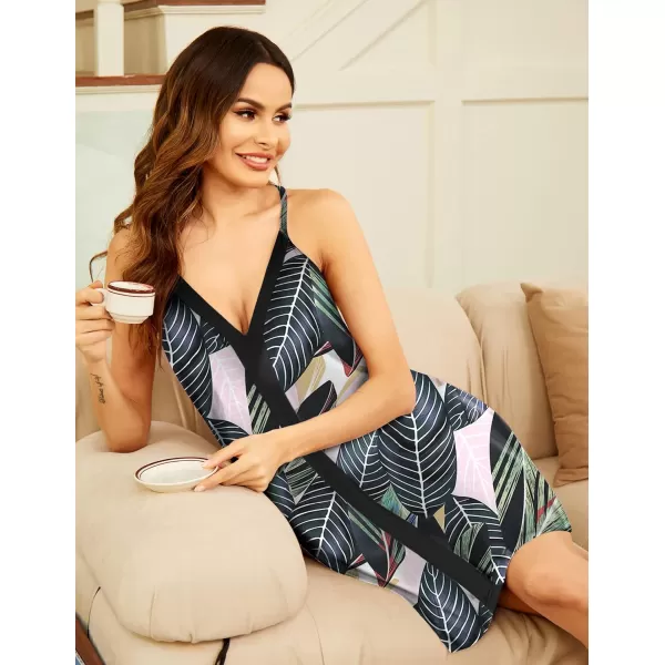 Ekouaer Nightgowns for Women Sexy Sleeveless Sleep Dress Racerback Sleepwear Deep V Neck Short Chemise Sleepshirts SXXLLeaf Print