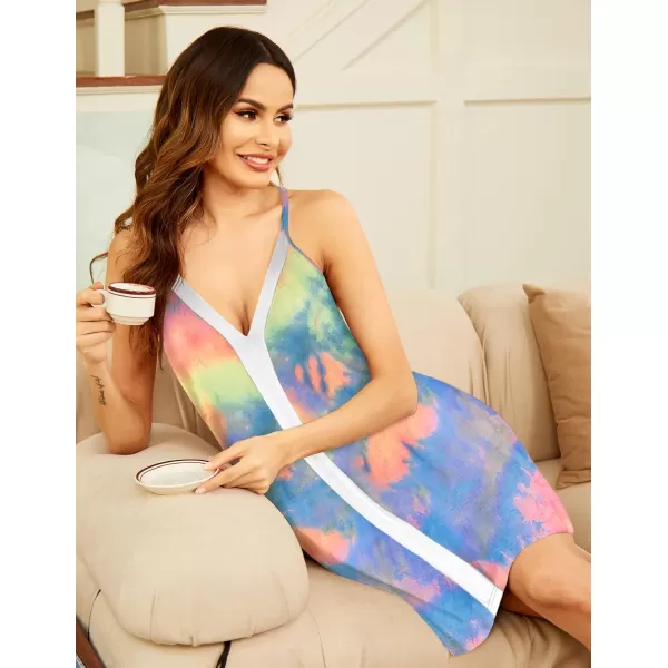 Ekouaer Nightgowns for Women Sexy Sleeveless Sleep Dress Racerback Sleepwear Deep V Neck Short Chemise Sleepshirts SXXLTie Dye