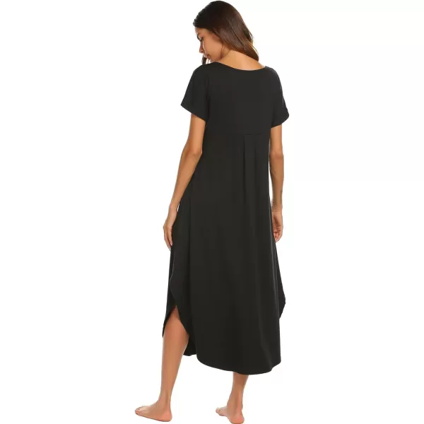 Ekouaer Nightgowns for Women V Neck Nightshirts Short Sleeve Soft Sleepwear Side Split Pockets Long Nightdress S3XL01 Black