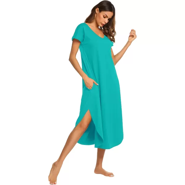 Ekouaer Nightgowns for Women V Neck Nightshirts Short Sleeve Soft Sleepwear Side Split Pockets Long Nightdress S3XLAqua Green
