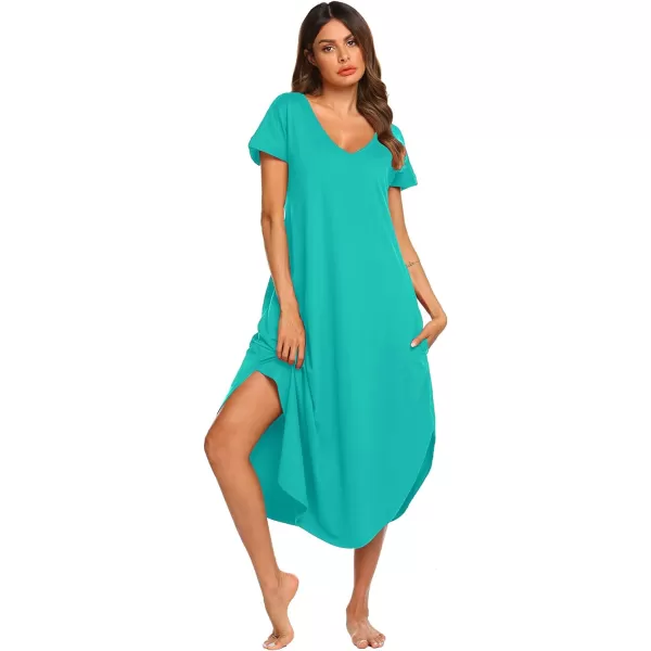 Ekouaer Nightgowns for Women V Neck Nightshirts Short Sleeve Soft Sleepwear Side Split Pockets Long Nightdress S3XLAqua Green