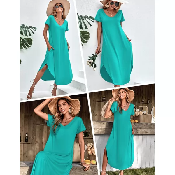 Ekouaer Nightgowns for Women V Neck Nightshirts Short Sleeve Soft Sleepwear Side Split Pockets Long Nightdress S3XLAqua Green