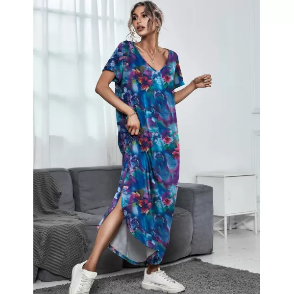 Ekouaer Nightgowns for Women V Neck Nightshirts Short Sleeve Soft Sleepwear Side Split Pockets Long Nightdress S3XLAqua Multi