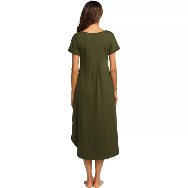 Ekouaer Nightgowns for Women V Neck Nightshirts Short Sleeve Soft Sleepwear Side Split Pockets Long Nightdress S3XLArmy Green