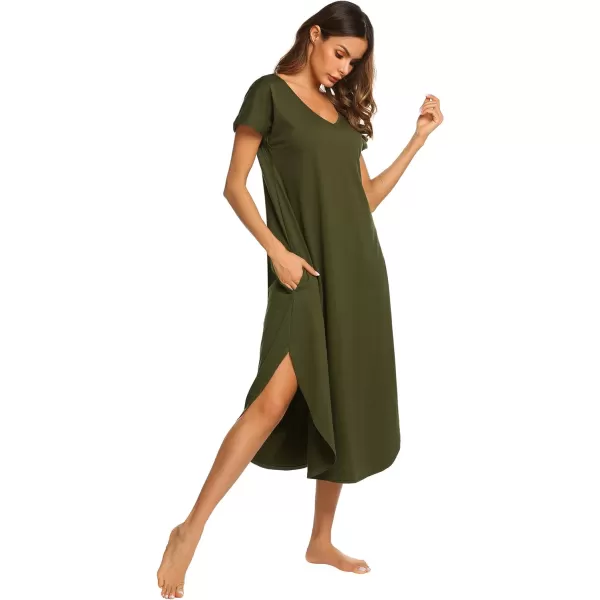 Ekouaer Nightgowns for Women V Neck Nightshirts Short Sleeve Soft Sleepwear Side Split Pockets Long Nightdress S3XLArmy Green