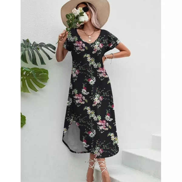 Ekouaer Nightgowns for Women V Neck Nightshirts Short Sleeve Soft Sleepwear Side Split Pockets Long Nightdress S3XLBlack Floral