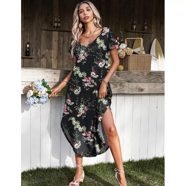 Ekouaer Nightgowns for Women V Neck Nightshirts Short Sleeve Soft Sleepwear Side Split Pockets Long Nightdress S3XLBlack Floral