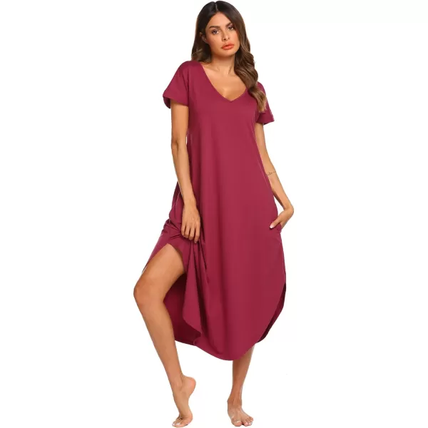 Ekouaer Nightgowns for Women V Neck Nightshirts Short Sleeve Soft Sleepwear Side Split Pockets Long Nightdress S3XLCherry Red