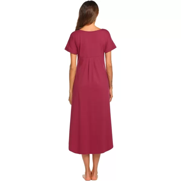 Ekouaer Nightgowns for Women V Neck Nightshirts Short Sleeve Soft Sleepwear Side Split Pockets Long Nightdress S3XLCherry Red