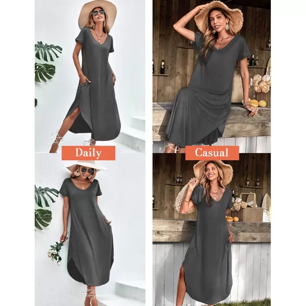 Ekouaer Nightgowns for Women V Neck Nightshirts Short Sleeve Soft Sleepwear Side Split Pockets Long Nightdress S3XLDark Flower Grey