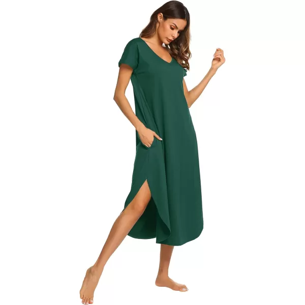 Ekouaer Nightgowns for Women V Neck Nightshirts Short Sleeve Soft Sleepwear Side Split Pockets Long Nightdress S3XLDark Green