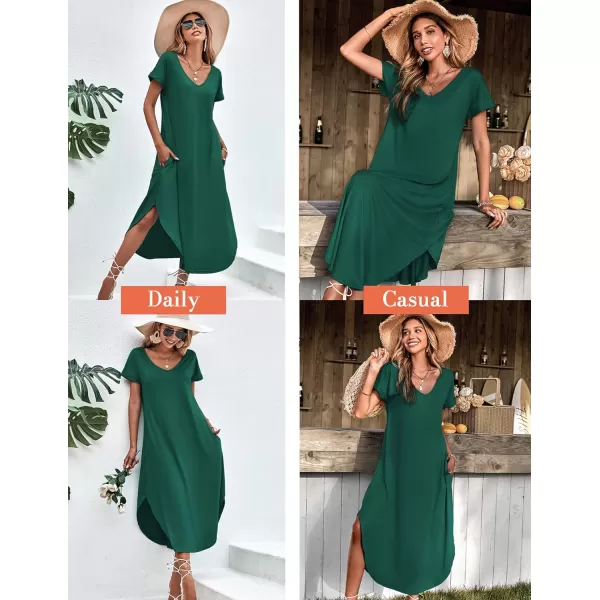 Ekouaer Nightgowns for Women V Neck Nightshirts Short Sleeve Soft Sleepwear Side Split Pockets Long Nightdress S3XLDark Green