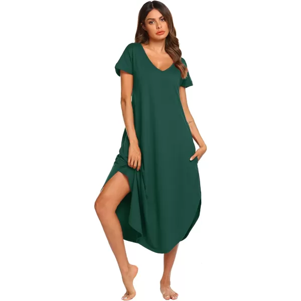 Ekouaer Nightgowns for Women V Neck Nightshirts Short Sleeve Soft Sleepwear Side Split Pockets Long Nightdress S3XLDark Green