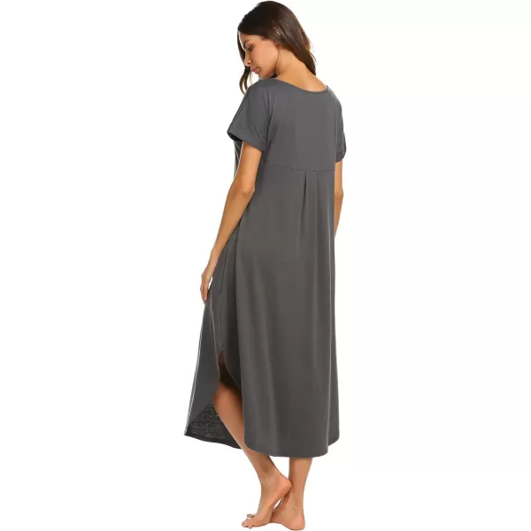 Ekouaer Nightgowns for Women V Neck Nightshirts Short Sleeve Soft Sleepwear Side Split Pockets Long Nightdress S3XLDark Grey