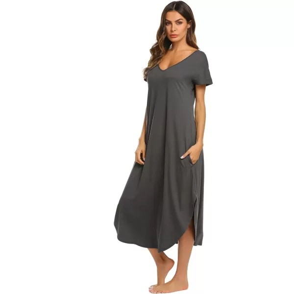 Ekouaer Nightgowns for Women V Neck Nightshirts Short Sleeve Soft Sleepwear Side Split Pockets Long Nightdress S3XLDark Grey