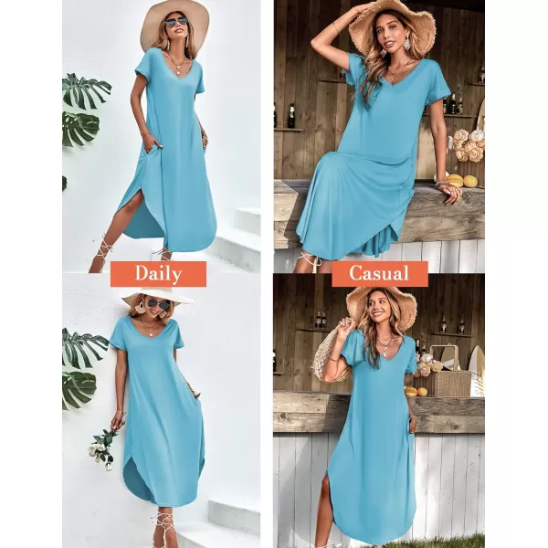 Ekouaer Nightgowns for Women V Neck Nightshirts Short Sleeve Soft Sleepwear Side Split Pockets Long Nightdress S3XLLight Blue