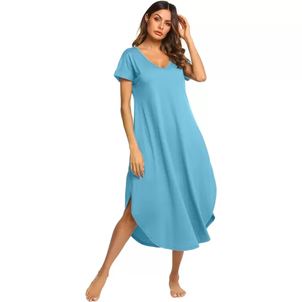 Ekouaer Nightgowns for Women V Neck Nightshirts Short Sleeve Soft Sleepwear Side Split Pockets Long Nightdress S3XLLight Blue