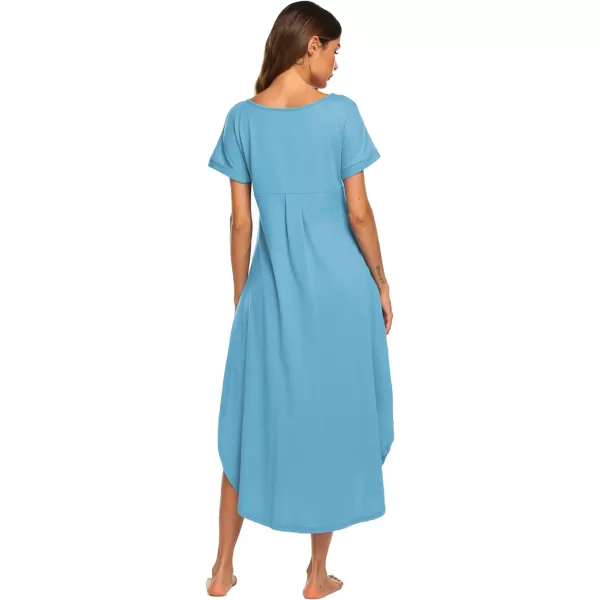 Ekouaer Nightgowns for Women V Neck Nightshirts Short Sleeve Soft Sleepwear Side Split Pockets Long Nightdress S3XLLight Blue