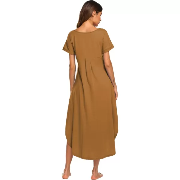 Ekouaer Nightgowns for Women V Neck Nightshirts Short Sleeve Soft Sleepwear Side Split Pockets Long Nightdress S3XLLight Coffe