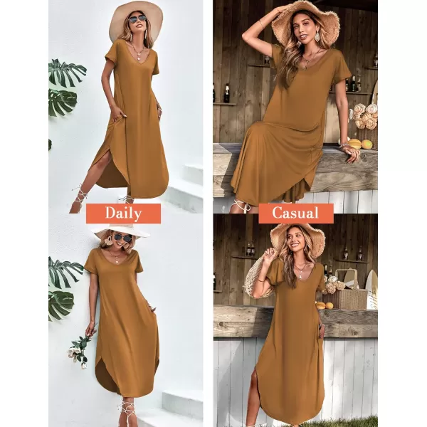 Ekouaer Nightgowns for Women V Neck Nightshirts Short Sleeve Soft Sleepwear Side Split Pockets Long Nightdress S3XLLight Coffe