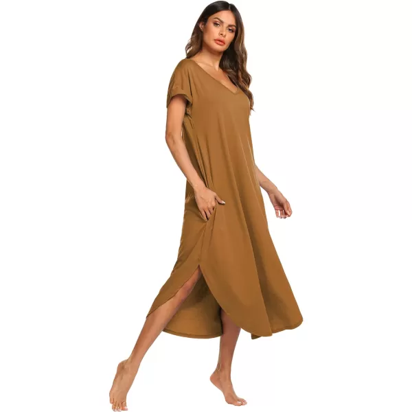 Ekouaer Nightgowns for Women V Neck Nightshirts Short Sleeve Soft Sleepwear Side Split Pockets Long Nightdress S3XLLight Coffe