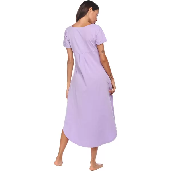 Ekouaer Nightgowns for Women V Neck Nightshirts Short Sleeve Soft Sleepwear Side Split Pockets Long Nightdress S3XLLilac