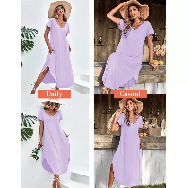 Ekouaer Nightgowns for Women V Neck Nightshirts Short Sleeve Soft Sleepwear Side Split Pockets Long Nightdress S3XLLilac