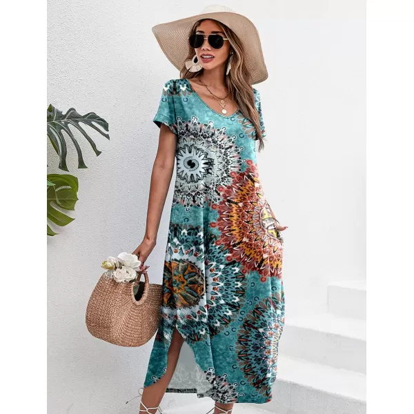 Ekouaer Nightgowns for Women V Neck Nightshirts Short Sleeve Soft Sleepwear Side Split Pockets Long Nightdress S3XLMandala