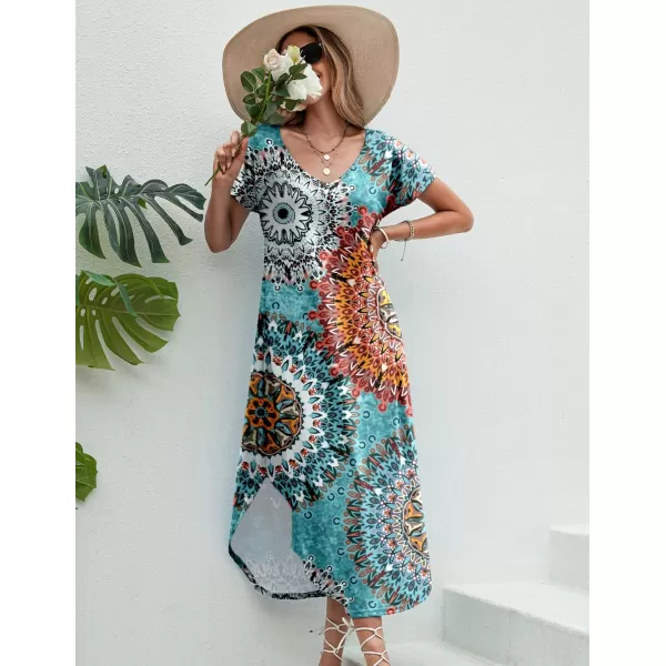Ekouaer Nightgowns for Women V Neck Nightshirts Short Sleeve Soft Sleepwear Side Split Pockets Long Nightdress S3XLMandala