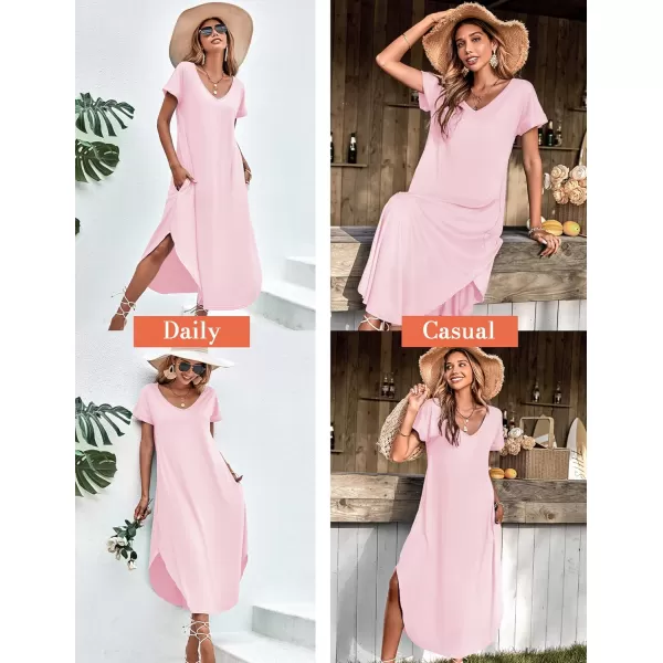 Ekouaer Nightgowns for Women V Neck Nightshirts Short Sleeve Soft Sleepwear Side Split Pockets Long Nightdress S3XLMisty Rose