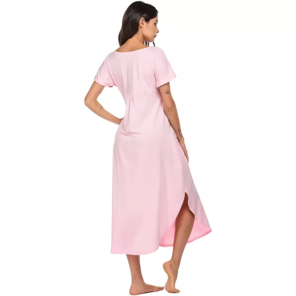 Ekouaer Nightgowns for Women V Neck Nightshirts Short Sleeve Soft Sleepwear Side Split Pockets Long Nightdress S3XLMisty Rose