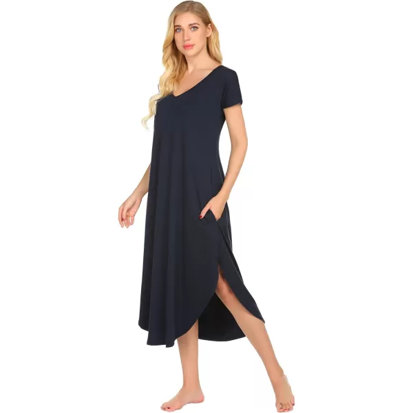 Ekouaer Nightgowns for Women V Neck Nightshirts Short Sleeve Soft Sleepwear Side Split Pockets Long Nightdress S3XLNavy