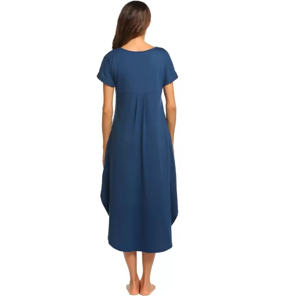 Ekouaer Nightgowns for Women V Neck Nightshirts Short Sleeve Soft Sleepwear Side Split Pockets Long Nightdress S3XLNavy Blue