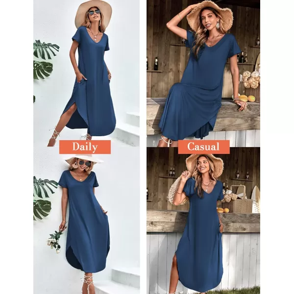 Ekouaer Nightgowns for Women V Neck Nightshirts Short Sleeve Soft Sleepwear Side Split Pockets Long Nightdress S3XLNavy Blue