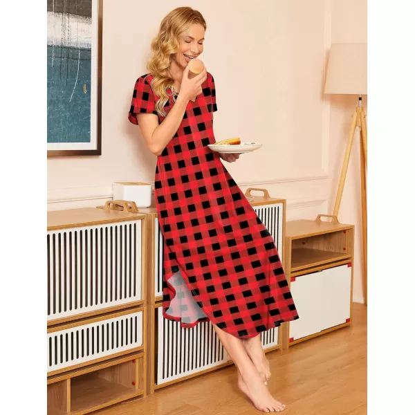 Ekouaer Nightgowns for Women V Neck Nightshirts Short Sleeve Soft Sleepwear Side Split Pockets Long Nightdress S3XLPat13 Red Plaid