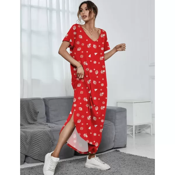 Ekouaer Nightgowns for Women V Neck Nightshirts Short Sleeve Soft Sleepwear Side Split Pockets Long Nightdress S3XLPat14 Christmas Red