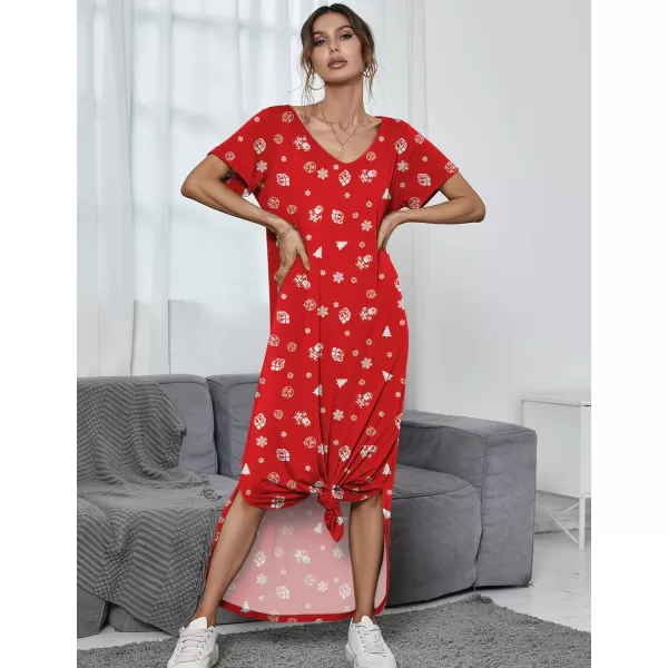 Ekouaer Nightgowns for Women V Neck Nightshirts Short Sleeve Soft Sleepwear Side Split Pockets Long Nightdress S3XLPat14 Christmas Red