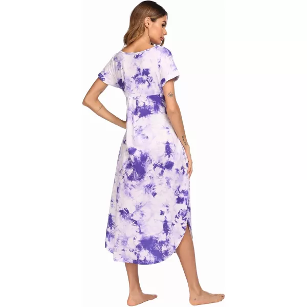 Ekouaer Nightgowns for Women V Neck Nightshirts Short Sleeve Soft Sleepwear Side Split Pockets Long Nightdress S3XLPat2 Tie Dye